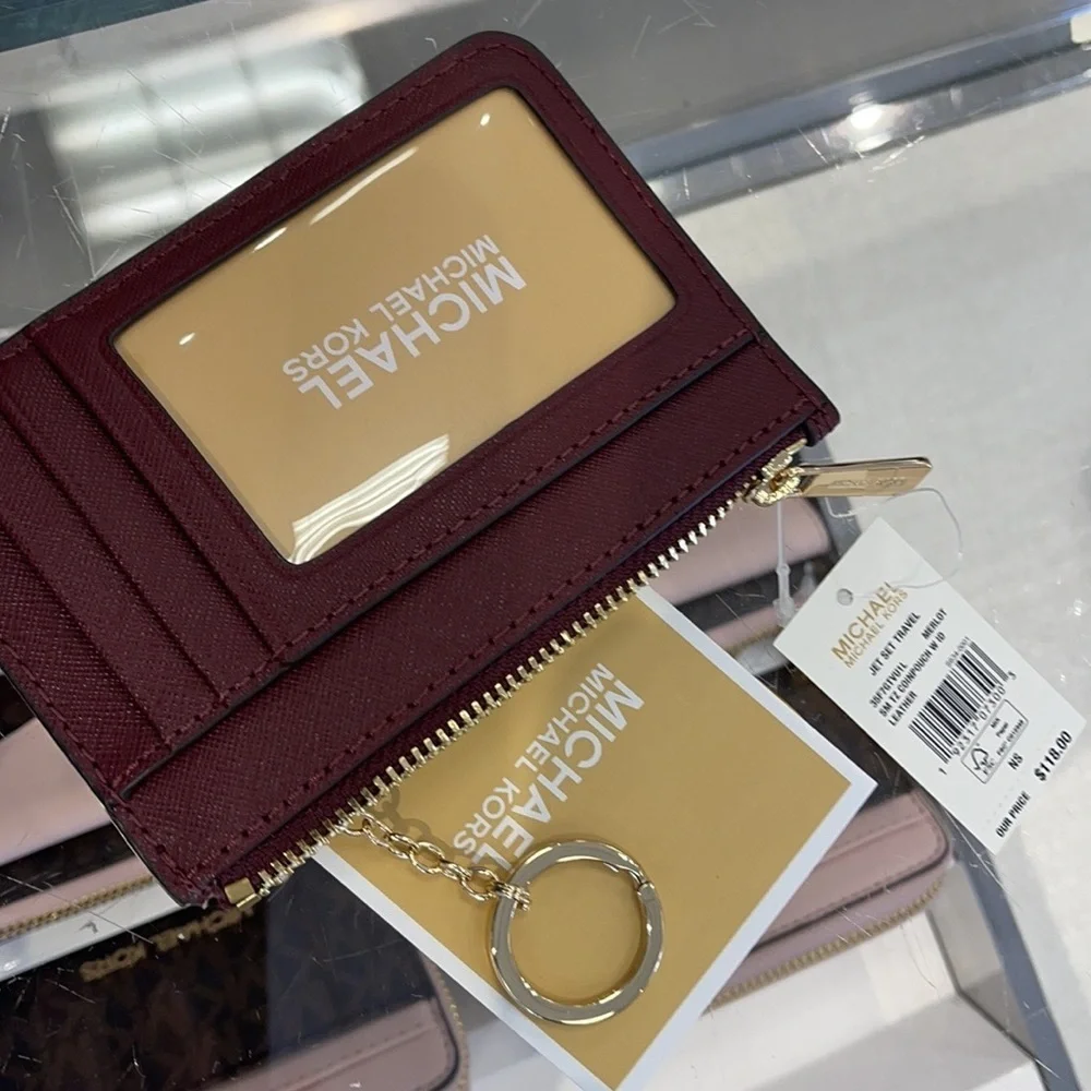 Michael Kors Jet Set Travel Small Leather Top Zip Coin Pouch With ID